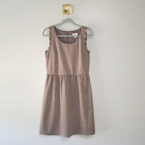 Loft Dress 8 Sleeveless Scalloped Tan White Gingham Plaid Office Career Wedding